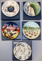 Moorcroft Pottery: five MCC Moorcroft Collectors' Club pin dishes/coasters - magpies design, dated