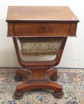 Victorian mahogany sewing table with drawer and work bag on shaped support and square base on bun