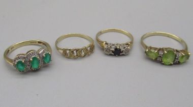 9ct yellow gold diamond and sapphire three stone ring, two other 9ct gold rings set with coloured