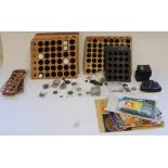 Collection of misc. coinage including commemoratives together with wooden coin display trays,