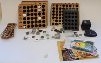 Collection of misc. coinage including commemoratives together with wooden coin display trays,