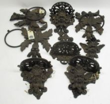 Walker & Hall three piece EPNS teaset, contemporary cast metal garden brackets, similar pot holders,