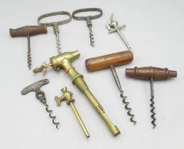 Clive & Norcombes Patent brass barrel tap, two other spirit taps and six C19th and later corkscrews
