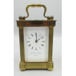 Matthew Norman London - C20th brass carriage timepiece, fluted square section pillars with
