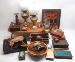 Late c20th Johnnie Walker pub mirror, 3 brass oil lamps, 1960s bed table, and other decorative