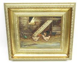 Farner (C20th); Hens in a farmyard, oil painting on canvas, signed, 39.5cm x 34.6cm