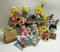 Child's wood sled, 2 x M&M clocks, M&M lamp, other M&M figures, Minnie & Mickey mouse dolls,