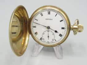 Vertex 9ct gold Hunter pocket watch, signed white enamel Roman dial with subsidiary seconds,