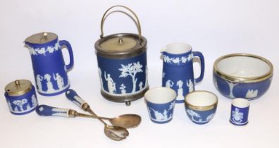 Collection of Wedgwood dipped blue jasperware, incl. salad servers, two jugs, preserve pot,