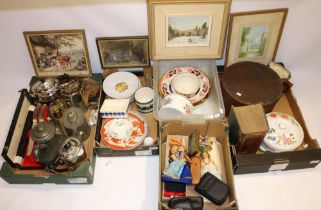 Group of misc. collectables, incl. EPNS teaware, pewter coffee pot, ceramics, prints, Wade Whimsies,