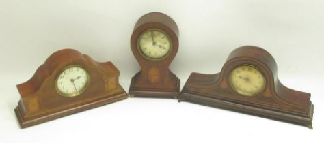 Three early C20th inlaid mahogany mantle timepieces H25cm