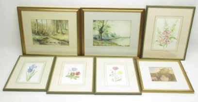 Collection of watercolours inc. Fred W. Graham (C 20th) 'The Bridge, four watercolours of flowers by