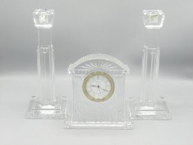 Waterford Crystal - mantel clock, pair of candle sticks and a figure of an elephant (4)