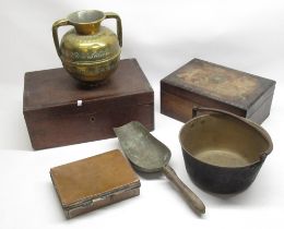 Victorian sewing box, brass jam pan, brass twin handled vase, metal coal scoop, copper box and a