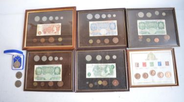 Collection of framed vintage English banknotes and coins (including The Britannia Coin & Stamp