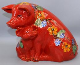 Anita Harris Art Pottery - pig and piglet figure, red glaze with floral decoration, H23cm, signed