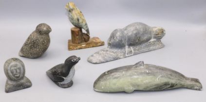 Collection of C20th Inuit soapstone carvings, incl. a whale, seal, birds, etc. (6)
