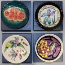 Moorcroft Pottery: four trial pin dishes/coasters - stylised thistle design trial, dated '04; design