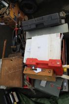 Collection of tools, Welding rods, wire cutters, cobblers lasts, three tin boxes, etc