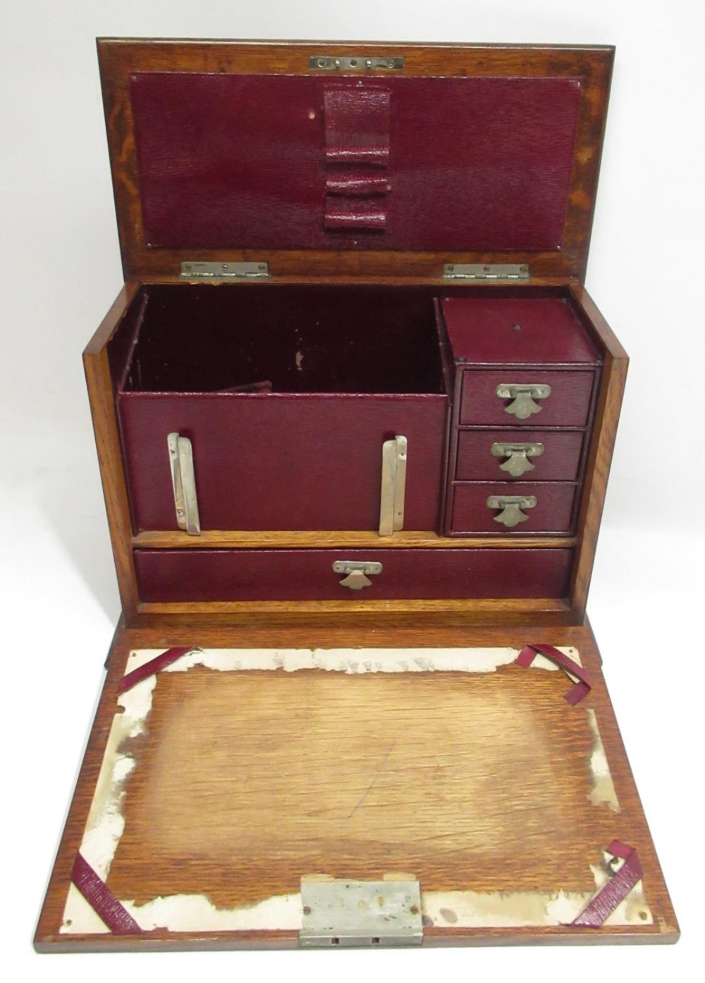 Victorian brass bound walnut lap desk with fitted interior, W46cm, Edwardian oak correspondence - Image 5 of 6