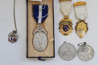 Three Masonic medals, 1919 WWI ending commemorative medal, 1911 Coronation medal and a silver and
