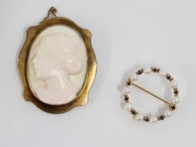 Pink shell carved cameo brooch mounted in 9ct gold frame together with a yellow metal round seed