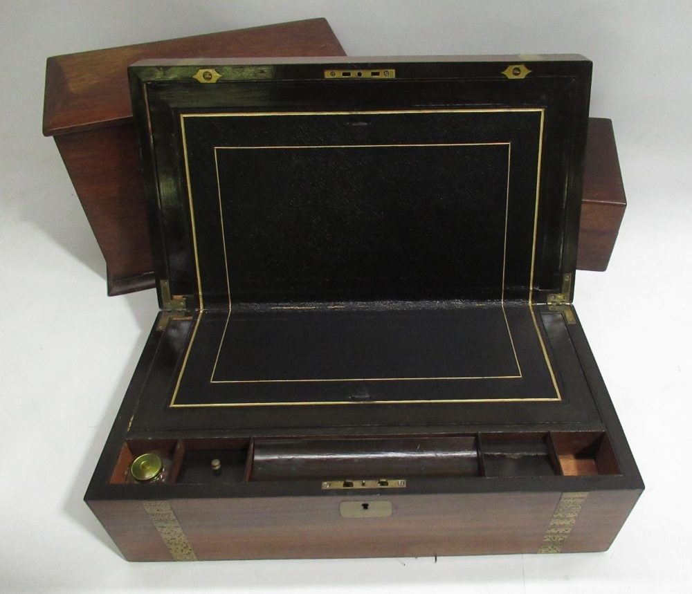 Victorian brass bound walnut lap desk with fitted interior, W46cm, Edwardian oak correspondence - Image 2 of 6