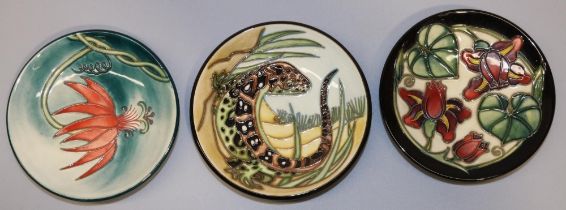 Moorcroft Pottery: three signed pin dishes, comprising 'Honeysuckle' designed by Sian Leeper,