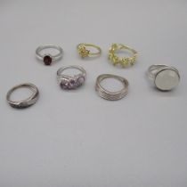 Sterling silver ring set with topaz and citrine, size P1/2, and six other silver rings set with