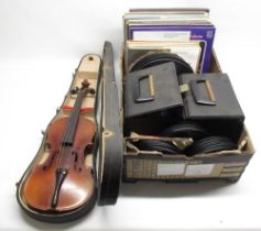 Unnamed cased violin with bow, and a collection of 45's, 78's and vinyl LPs predominantly