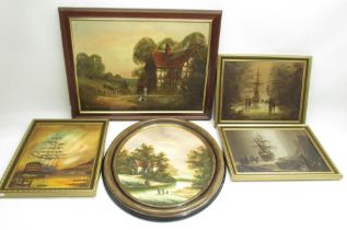 Five C20th acrylic oil paintings, three ship studies and two rural scenes, (5)