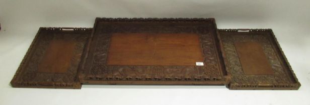 Jubbar Khan & Son, 3rd Bridge, Srinagar, Kashmir - C20th carved hardwood gallery tray, W75.5cm,