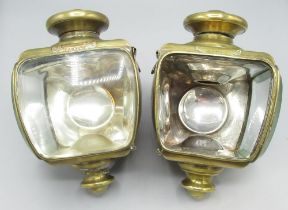 Pair of C20th Ducellier of Paris brass car side lamps, 1 missing glass bezel front
