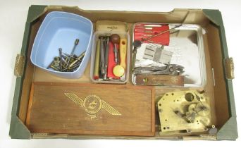 Three vintage watchmakers pin vices, Imperial Standard wire gauge, jewellers screw divers etc.
