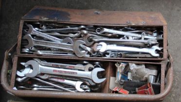 Box containing a large quantity of spanners, tool box of spanners, small compressor, bucket of