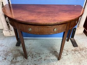 C19th mahogany D shaped console table with one real and two faux drawers, one square tapered