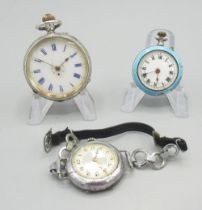 Swiss silver fob watch with white porcelain dial case back hallmarked .935 no. 9801; a silver and