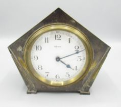 French Art Deco period silver plated 8 day mantle timepiece, pentagonal shaped case with applied