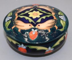 Moorcroft Pottery: Strawberry Thief pattern circular pot and cover, D13cm