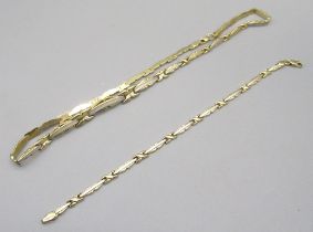 Yellow and white metal shaped link necklace and bracelet set, stamped Polay 585, 14.3g