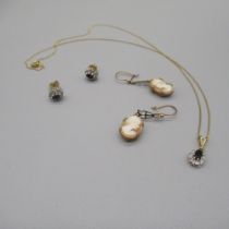 9ct gold sapphire and diamond pendant necklace on chain, and matching stud earrings, all stamped