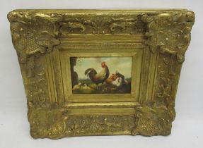 English School (Contemporary); Chickens feeding, oil on board, in gilt frame, 11cm x 16cm