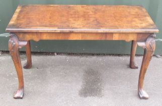 Queen Ann style walnut rectangular coffee table with burr top on shell carved cabriole legs, W91cm