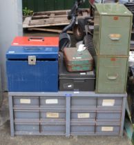 Steel twelve drawer tool cabinet 88cmx48x39. Vintage two drawer filing cabinet 23cmx40x60. and