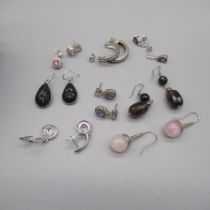 Collection of eight pairs of silver Gemporia earrings set with various stones including pink