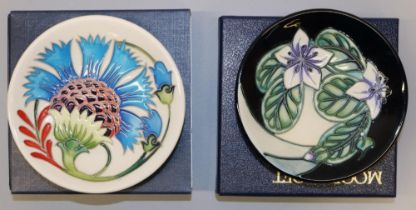 Moorcroft Pottery: two trial floral design pin dishes - Cornflower dated 2014, and another dated '