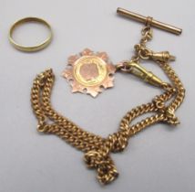 9ct yellow and rose gold fob, stamped 375, on yellow metal chain, and a yellow metal ring with