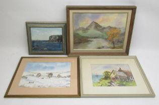 B.McLaughdin signed acrylic painting of coastal scene, acrylic painting of mountain scene signed '