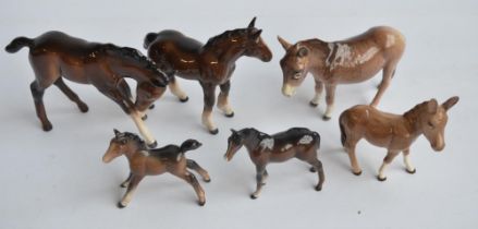 Four Beswick ceramic horses and 2 donkey figurines, no damage or repairs noted. (6)