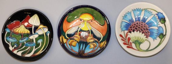 Moorcroft Pottery: three pin dishes/coasters, designed and signed by Emma Bossons - 'Pixie